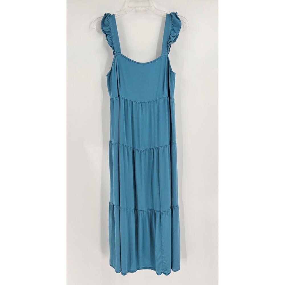 Isabel Maternity Teal Midi Dress Tiered Relaxed Fit Tie Back Detail Comfort Sz M